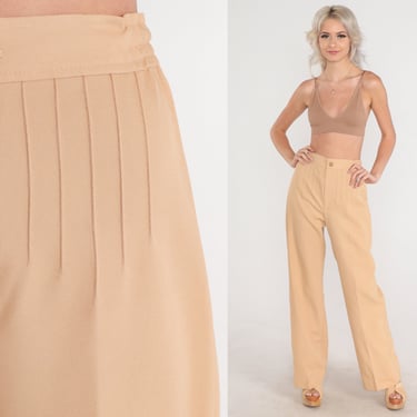 Tan Trousers 70s Pants Khaki High Waisted Rise Creased Straight Leg Pleated Retro Preppy Seventies Neutral Vintage 1970s Extra Small xs 