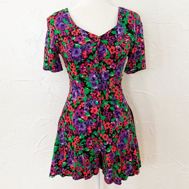 90s Black and Bright Floral Rayon Romper | Extra Small/Small 