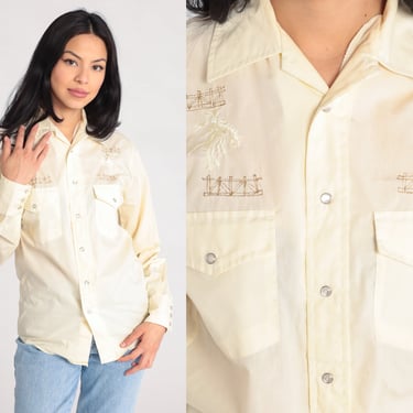 Pearl Snap Shirt Embroidered Rodeo Shirt 80s Western Shirt Long Sleeve Vintage Button Up Retro Horse Cowboy Shirt Pale Yellow Men's Small 
