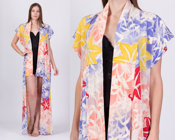 Vintage Silk Floral Sleeveless Kimono - One Size | Boho Japanese Metallic Flower Print Long Maxi Robe 