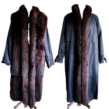 Vintage 80s Neiman Marcus Fur Coat Brown Possum Reversible Black Trench 