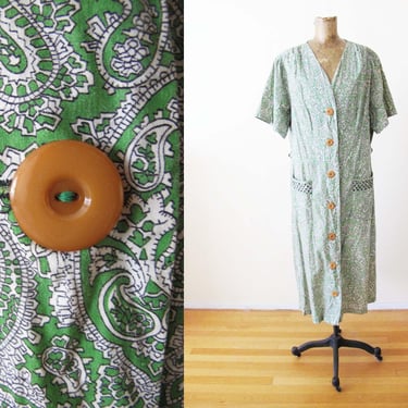 Vintage 1950s Green Paisley Cotton House Dress Duster Robe M L - 50s Lane Bryant Womens Casual Button Front Midi 