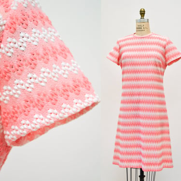 70s Knit Dress Size Large 70s Pink White Knit Short Sleeve Dress Pink Crochet 70s Summer Knit Dress 70s Pink White Party Dress Sheer Knit 