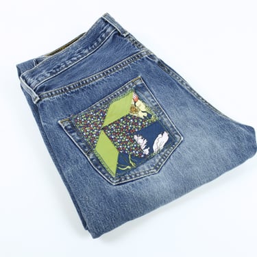 Button Fly Levi's 501 with Handmade Quilted Patches - Vintage Fabrics - One of a Kind! 