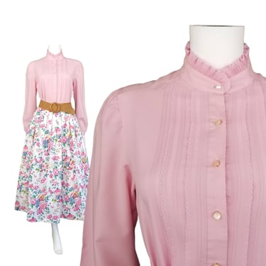 Vintage Pink Prairie Blouse, Small Medium / 70s Ruffled High Neck Blouse / Boho Western Button Blouse / 1970s Long Sleeve Dress Blouse 