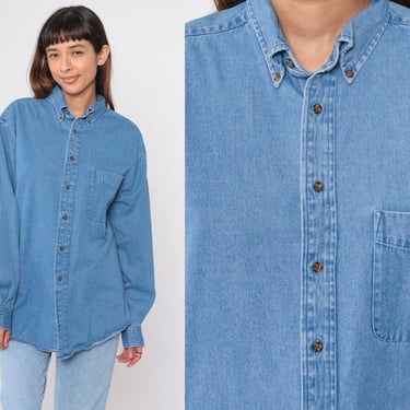 90s Denim Shirt Blue Jean Button Up Blue Grunge Long Sleeve Boyfriend Shirt Chambray Simple Chest Pocket Cotton Vintage 1990s Men's Large 