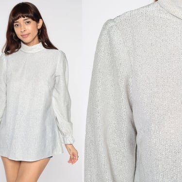 Silver Turtleneck Blouse Puff Sleeve Top 70s Mod Shirt Metallic Party Top Disco Boho Seventies Vintage 1970s Long Sleeve Shirt Space Small S 