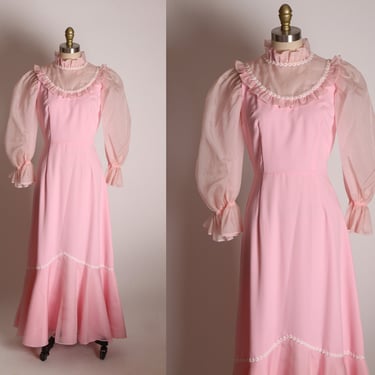 1960s 1970s Pink White Floral Daisy Trim 3/4 Length Sleeve Ruffle Hem Sheer Sleeve Bodice Puffy Sleeve Princess Cottagecore Prairie Dress -S 