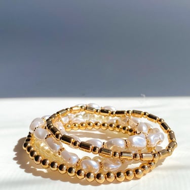 Set of Gold & Pearl Stacking Bracelets
