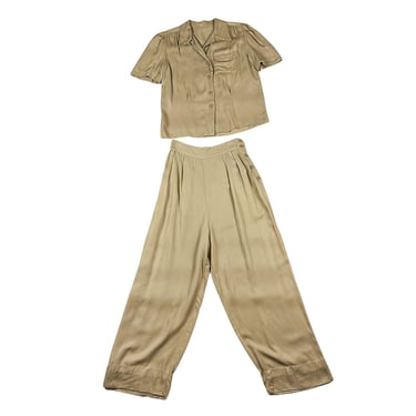 1940s Wool Gabardine Tan Shirt and Pants Set / Beach Pajamas / Matching / Button Side / 40s / Brown / 25 Waist / Pin Up / Neutrals / Rare / 