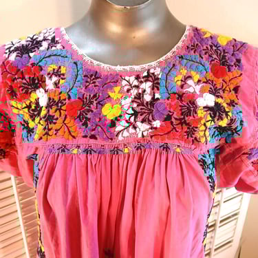 Vintage Pink Cotton Oaxacan Dress Embroidered / Pink / Large / Tall 