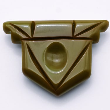 30's HETL olive green bakelite coat fur clip, Art Deco architectural shield dress clip 