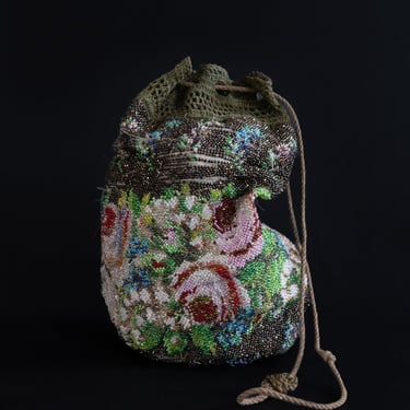 Vintage Victorian Beaded Floral Drawstring Purse