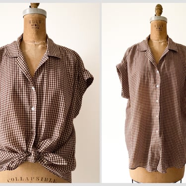 Vintage 1950’s ‘60s Lady Caribou chocolate brown gingham blouse | women’s short sleeve gingham top, pin up, L 