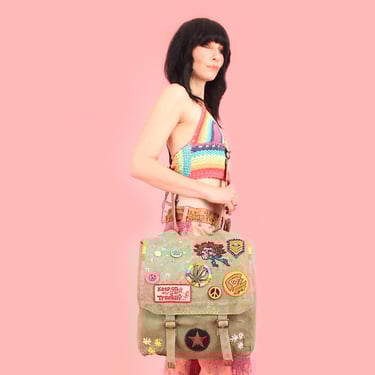 Vintage Peace Love & Mary Jane Road Bag // Deadhead Vintage Patches Pins Hand Embroidered 1970's 70s Handbag Purse Military Messenger 