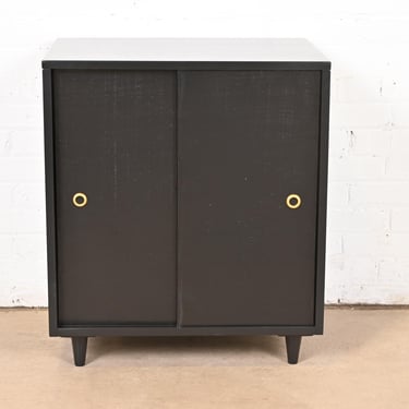 Paul McCobb Planner Group Black Lacquered Record Cabinet With Sliding Doors, Newly Refinished