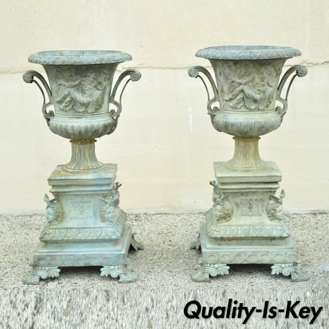 French Louis XV XVI Style Bronze Verdigris 43" Figural Garden Planters - a Pair