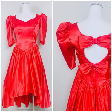 1980s Vintage Red Satin Puffed Sleeve Party Dress / 80s / Eighties / Bow Cut Out Back High Low Dress / Size Medium 