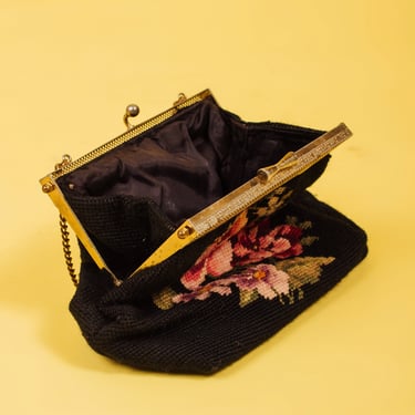 Vintage Black Floral Knit Clutch Purse 