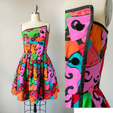 1980s Dress Silk Strapless Full Skirt A.J. Bari M 