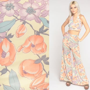 Two Piece Set 70s Outfit Floral Bell Bottoms Halter Top Pants Jumpsuit Boho Shirt Bohemian Mod Hippie Groovy Vintage 1970s Extra Small xs 