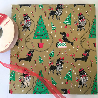 Vintage Christmas Box, Poodles And Dachshunds, Kitschy Dog Holiday Gift Wrap, Flat Gift Box, Includes Partial Red Ribbon, See Condition 