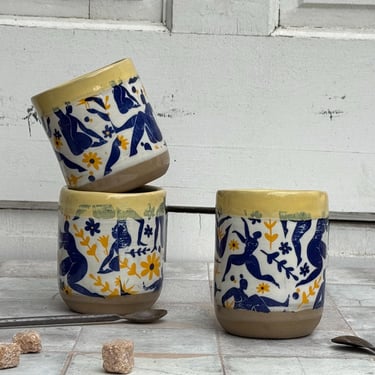 Unique handmade mug with Matisse-Inspired Nude & Floral Design in yellow, Modern Pottery Coffee mugs 