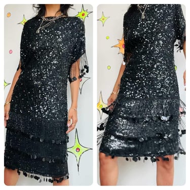 nude black dress Vintage St. John for Neiman Marcus Ruffle Shoulder Cocktail Dress – Recess