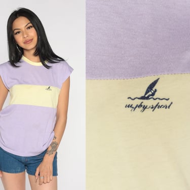 Striped T-Shirt 80s Windsurfing Shirt Lavender Purple Yellow Ringer Cap Sleeve Top Color Block Pastel Nautical Tee Vintage 1980s Small S 