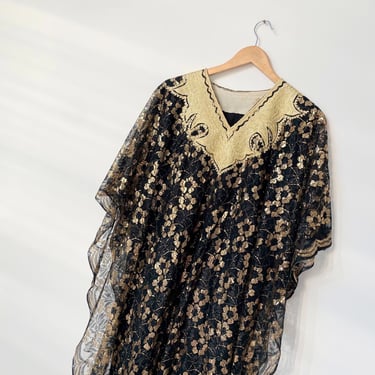 1970s Gold + Black Lace Caftan Dress 