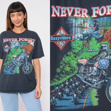 90s Easyriders Biker Shirt Never Forget Memorial Motorcycle TShirt Cycle Magazine Moto Biker Tee Black Vintage Retro 1990s Hanes Large 