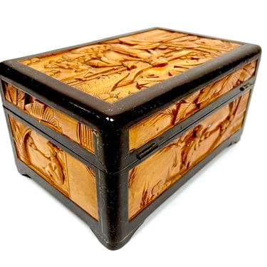 Antique Hand-Carved Wooden High Relief Box with Lid & Latch | 9” 