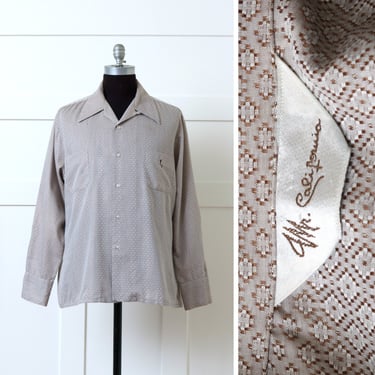 mens vintage 1970s Mr. California shirt • woven brown & white insignia pocket swanky loop collar shirt 