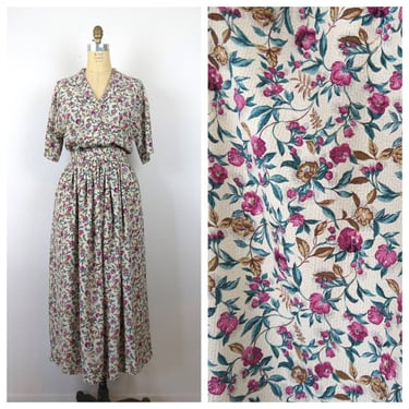 Vintage 1980s set 2 piece skirt and top floral ditsy floral calico midi 