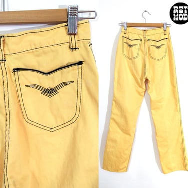 Retro Vintage 70s Light Yellow Pants with Bold Black Top Stitching 