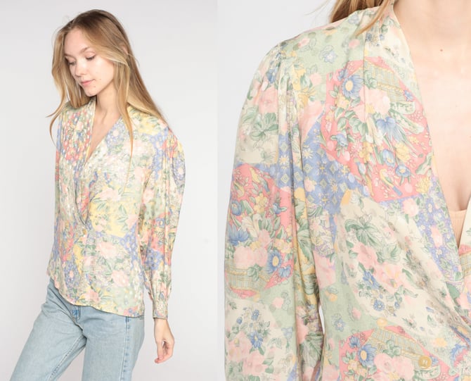 Floral Silk Blouse 80s Boho Shirt V Neck Wrap Top Double Breasted Button Up Long Sleeve Romantic Hippie Pastel Vintage 1980s Small S 6 