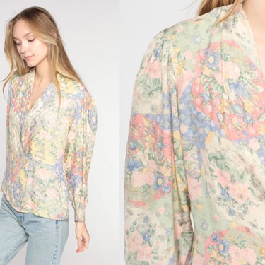 Floral Silk Blouse 80s Boho Shirt V Neck Wrap Top Double Breasted Button Up Long Sleeve Romantic Hippie Pastel Vintage 1980s Small S 6 