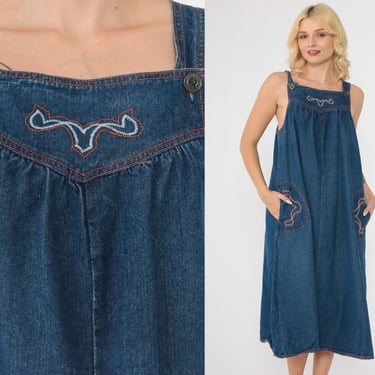 Vintage 70s Denim Jumper Dress Texas Longhorn Embroidered Western Pinafore Midi Pockets Blue Jean A-Line 1970s Rodeo Medium 