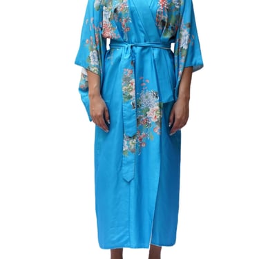 Blue Floral Silk Asian Wrap Dress Kimono 