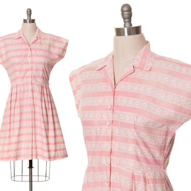 Vintage 1940s 1950s Shirt Dress | 40s 50s Striped Cotton Pink Rhinestone Buttons Fit and Flare Shirtwaist Day Dress with Pocket (large) 