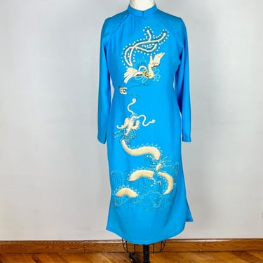 Vintage 60s 70s Cheongsam Asian Dress / Dragon Bird Clouds Opalescent Sequins Long Dress Small 1960s 1970s Hostess Dress Mod VLV Rockabilly 