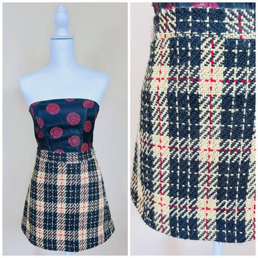 Y2K Miu Miu Yellow Plaid Mini Skirt / Vintage High Waisted Boucle Black Check Skirt / Small 