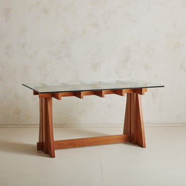 Wood + Glass Grid Motif Dining Table, Italy 1960s