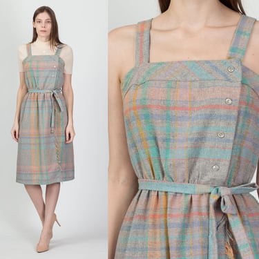 70s Pastel Tartan Pinafore Dress - Small | Vintage Boho Plaid Fringe Trim Mock Wrap Wool Midi Dress 