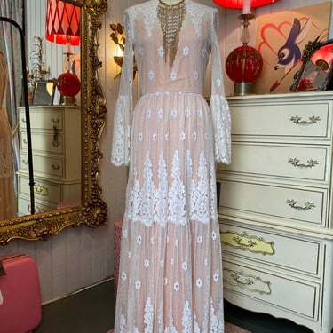 Vintage 1970s victor costa lace maxi dress nude illusion boho wedding bell sleeve 