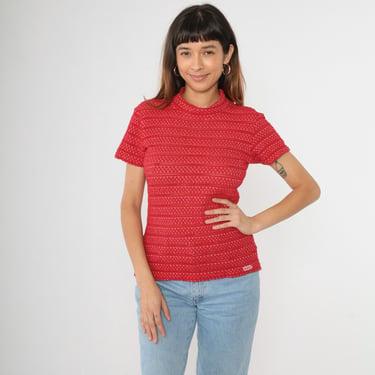 Vintage 90s Red Bongo Shirt Pointelle Knit Short Sleeve Top Mock Neck Semi-Sheer Cutout Shirt 1990s Cotton Openwork Medium 