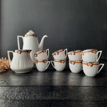 Art Deco Orange and Black Coffee Set LIMOSA 1930s Limoges China Coffee Service for 8 