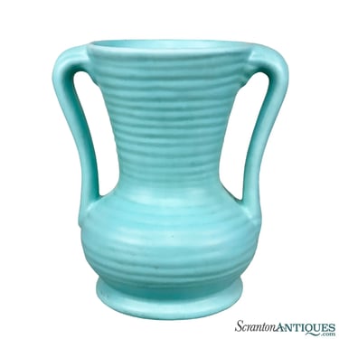 Mid-Century Art Deco Turquoise Pottery Sculptural Handle Vase
