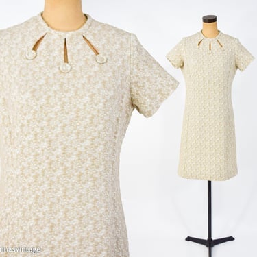 60s Creme Polyester Knit Dress |  60s Off White & Gold Polyester Shift | Large 