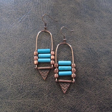 Ethnic earrings, Afrocentric earrings, boho earrings, tribal earrings,copper and blue rustic earrings, bold earrings, modern chic earrings 